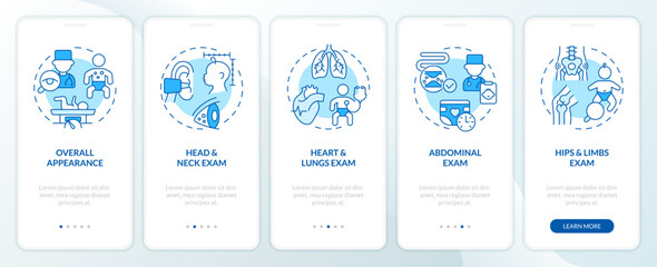 Baby physical exam blue onboarding mobile app screen. Child health walkthrough 5 steps editable graphic instructions with linear concepts. UI, UX, GUI template. Myriad Pro-Bold, Regular fonts used