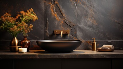 Elegant bathroom interior in black and gold tones, marble countertop, black wash basin, golden fixtures