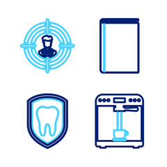Set line Coffee machine and cup, Dental protection, Book and Head hunting icon. Vector