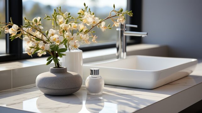 Modern Vessel Sink On Countertop In Bathroom With A Beautiful View From The Window. Interior Design Elements.