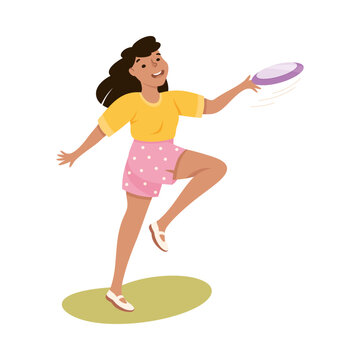 Young Woman Playing Frisbee Throwing It Vector Illustration