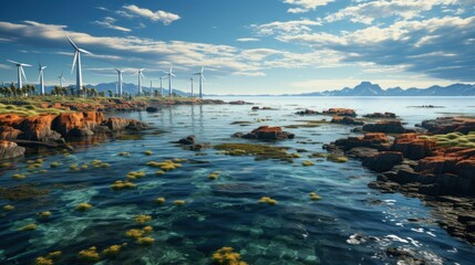Fototapeta na wymiar windmills, green energy windmills by the sea, wind turbines by the ocean