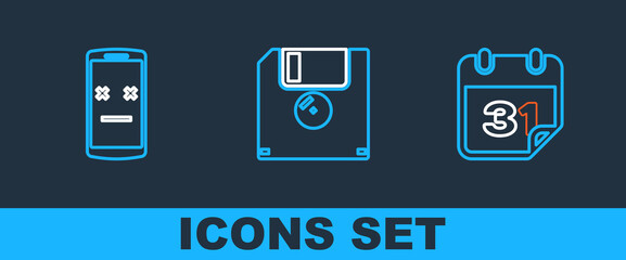 Fototapeta premium Set line Calendar, Dead mobile and Floppy disk icon. Vector