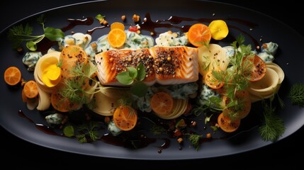 Fototapeta na wymiar grilled salmon with vegetables. delicious restaurant food. Haute cuisine. Food
