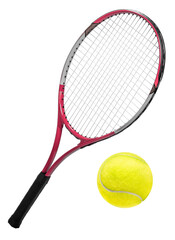 Tennis racket and Yellow Tennis ball sports equipment isolated on white With png file.