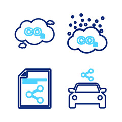 Set line Car sharing, Share file, CO2 emissions cloud and icon. Vector