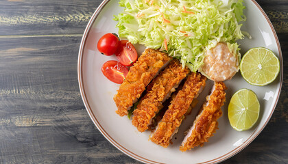 Tonkatsu - panko breaded deep-fried pork cutlet served with fresh shredded cabbage salad, tomatoes and lime slices on a plate, Japanese cuisine, view from above, copy space