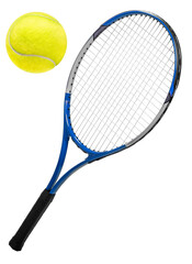 Tennis racket and Yellow Tennis ball sports equipment isolated on white With png file.