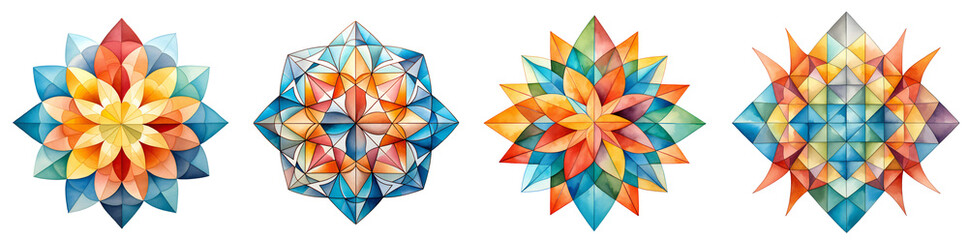 A set of geometric ornaments. Geometric, multi-colored watercolor pattern. Kaleidoscope. Isolated on a transparent background. KI.