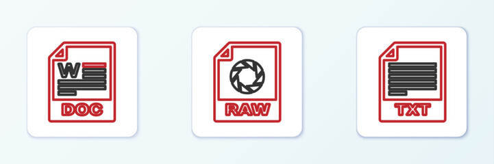 Set line TXT file document, DOC and RAW icon. Vector