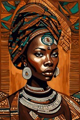 a ficitonal beautiful african woman illustration wearing colorful clothing