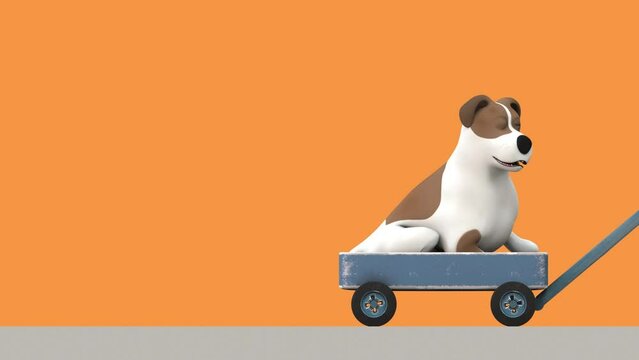 Retro robot pulling a dog on a cart, 3D video render, cartoon style, on orange background, alpha channel