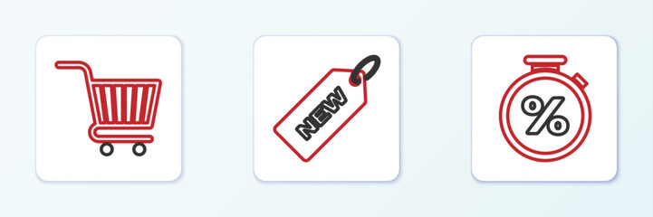 Set line Stopwatch and percent, Shopping cart and Price tag with New icon. Vector