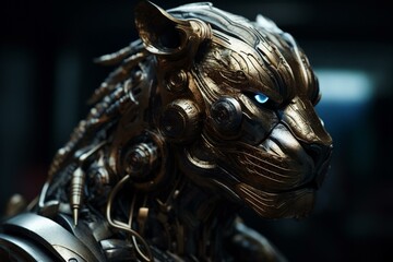 A lion empowered by futuristic tech: metallic suit and robotic enhancements. Generative AI