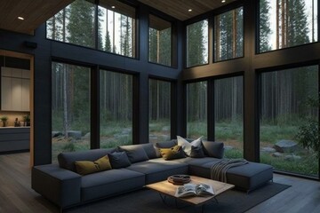 Contemporary forest house with large windows and gray sectional sofa. Generative AI