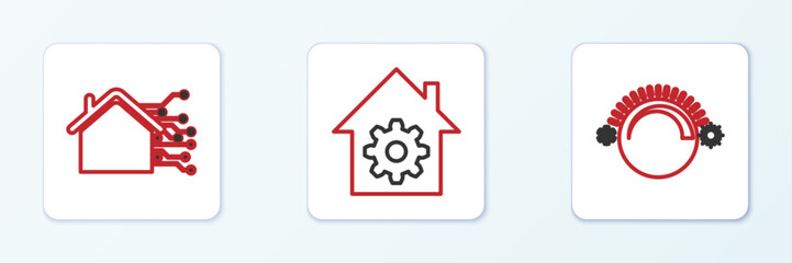 Set line Thermostat, Smart home and settings icon. Vector