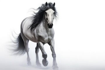 White Andalusian horse with long mane run gallop on white background. Generative AI