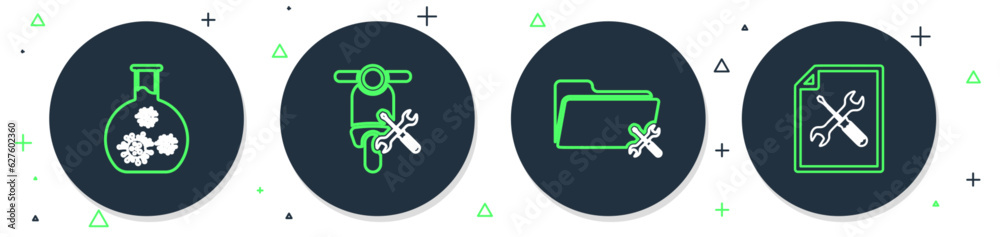 Sticker set line scooter service, folder, test tube with virus and file document icon. vector