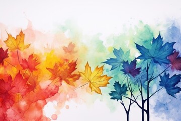 Watercolor autumn abstract background with maple leaves. Generative AI