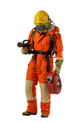 Stock photo of an isolated firefighter showing full gear and clothing.