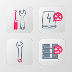 Set line Database server service, Wrench, Power bank and Screwdriver and wrench icon. Vector