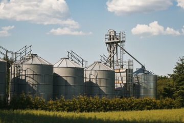 Fototapeta na wymiar Agribusiness landscape. Steel Agricultural Silos - Building Exterior, Storage and drying of grains, wheat, corn, soy and sunflower