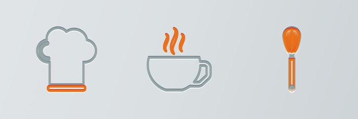 Set line Kitchen whisk, Chef hat and Coffee cup icon. Vector
