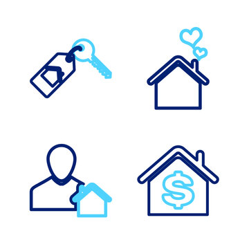 Set line House with dollar, Realtor, heart shape and key icon. Vector
