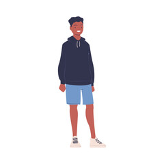 Fashionable African American Man Character in Hoody Standing in Casual Clothes Vector Illustration
