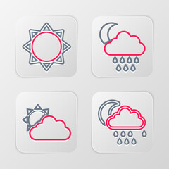 Set line Cloud with rain and moon, Sun cloud weather, and icon. Vector