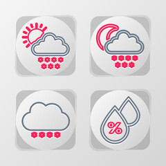 Set line Water drop percentage, Cloud with snow, and moon and sun icon. Vector