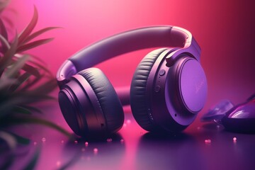 Fototapeta na wymiar Illustration of purple headphones on background. Generative AI