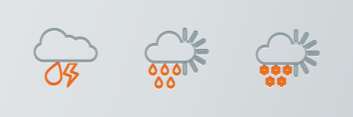 Set line Cloudy with snow, rain and lightning and sun icon. Vector