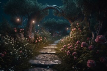 Obraz na płótnie Canvas Enchanting fairy tale forest with moonlit garden and pink rose path. Digital artwork. Generative AI