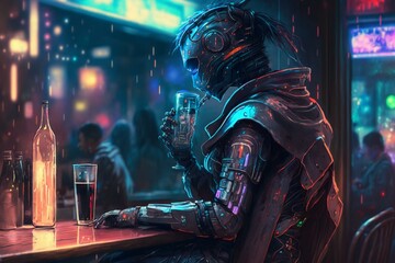 Fototapeta na wymiar Anime-inspired cyberpunk robot drinking at a bar. Generative AI