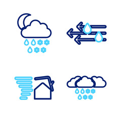 Set line Cloud with snow and rain, Tornado swirl, Wind and snow, moon icon. Vector