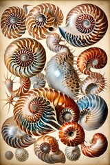 Highly detailed beautiful antique lithograph collection of Nautilus belauensis seashells 
