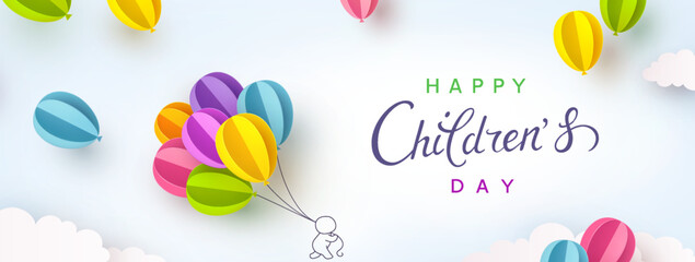 Children's Day postcard with flying balloons bunch and child on blue sky background. Vector 3d paper colorful ballons special cartoon kids poster template