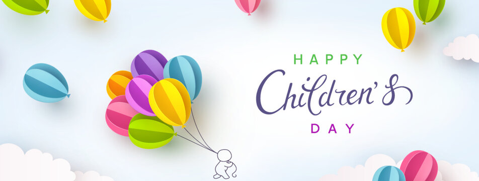 Children's Day Postcard With Flying Balloons Bunch And Child On Blue Sky Background. Vector 3d Paper Colorful Ballons Special Cartoon Kids Poster Template