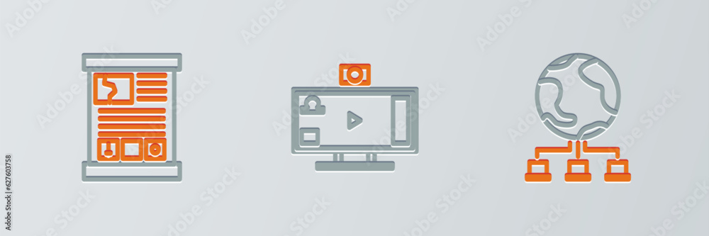 Poster set line computer network, game guide and live streaming online icon. vector