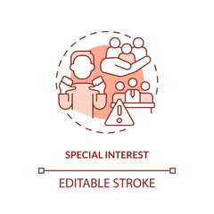 Editable special interest red icon concept, isolated vector, lobbying government thin line illustration.