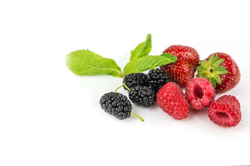 Berries on a white background. Strawberry, mulberry, raspberry,