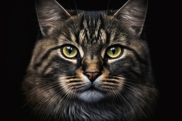 Beautiful cat portrait from the front on a black background. Created with generative AI technology