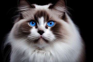 Portrait of purebred ragdoll cat on black background - blue eyes . Generative AI