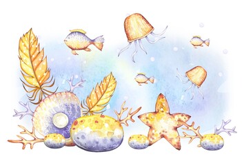 Underwater world, composition with fish, jellyfish, corals, shells, stones, watercolor illustration
