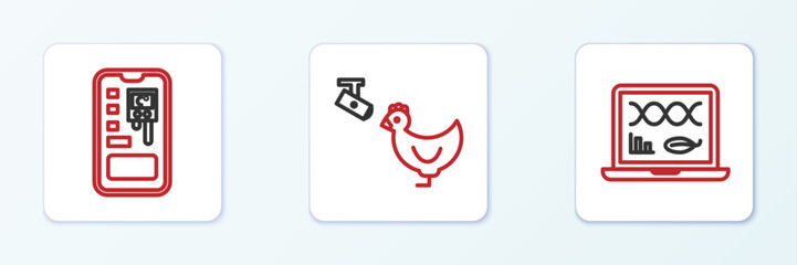 Set line Genetic engineering modification, Smart control farming system and Chicken and camera icon. Vector