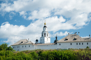 Panorama of Sviyazsk monastery exterior against blue sky. Historical island Sviyazhsk near Kazan city in Tatarstan