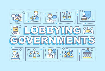 Fototapeta na wymiar Lobbying government text concept with various icons on blue monochromatic background, 2D vector illustration.
