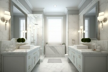 Fototapeta na wymiar Contemporary bathroom featuring a white marble design and double sink. Generative AI