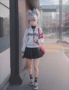 anime naughty school girl glasses wear baseball jacket and silver hair 06
